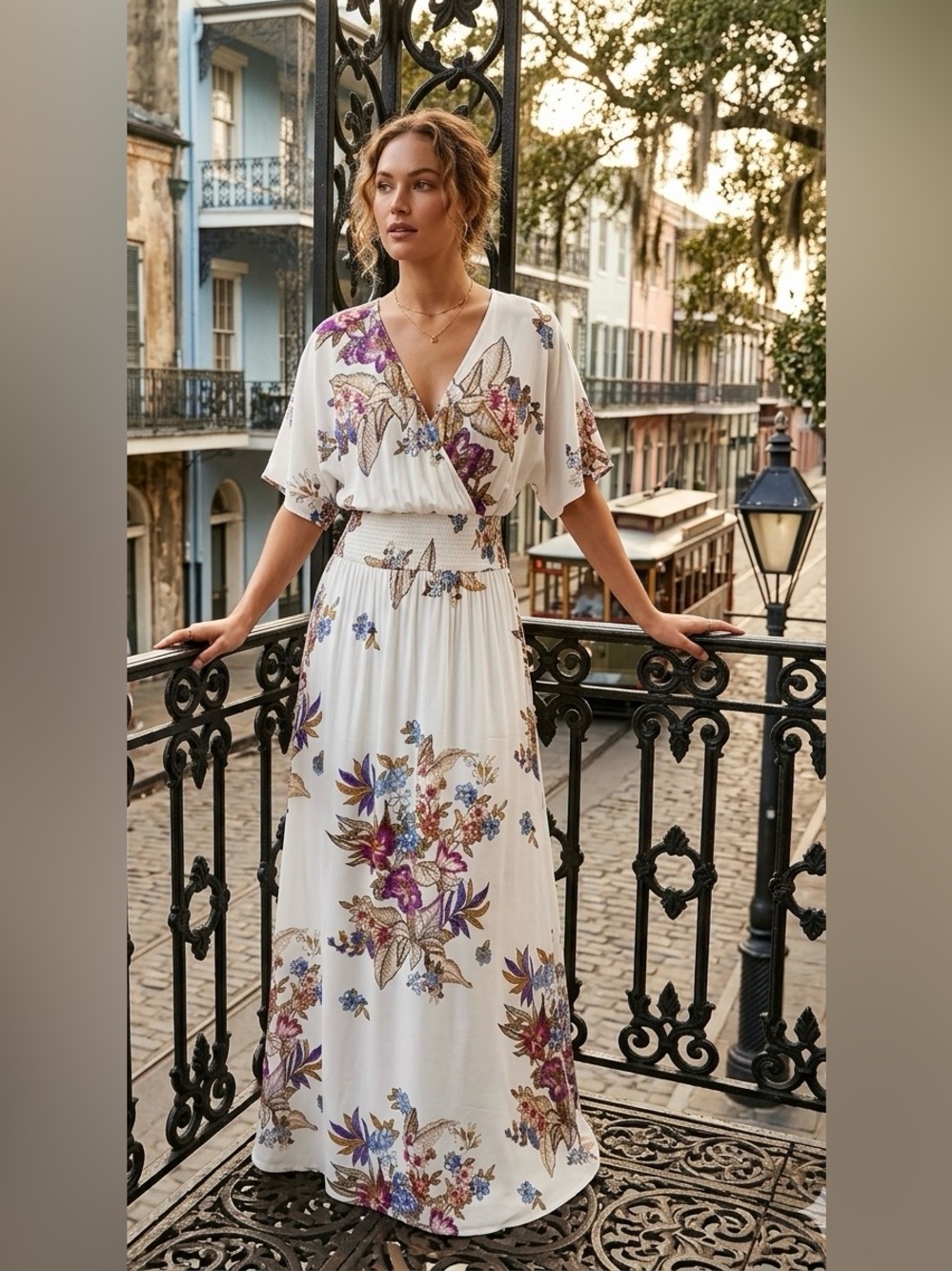 “Feeling Decadent” Elle Rae Ivory Floral Boho Maxi Dress Smocked V-Neck